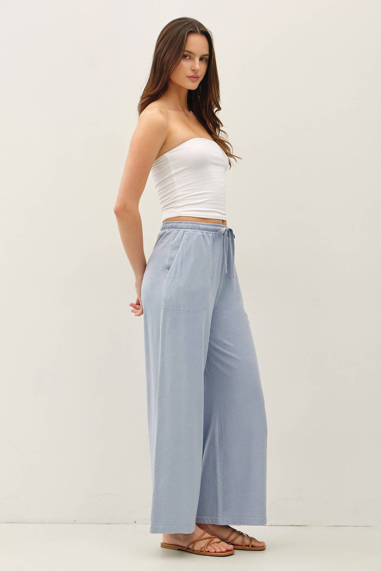 GARMENT-DYED COTTON100 WIDE LEG JERSEY PANTS