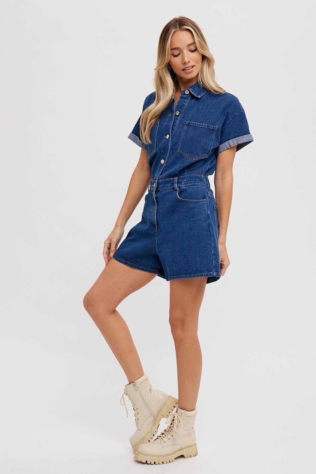 DENIM BUTTON DOWN SHIRT ROMPER