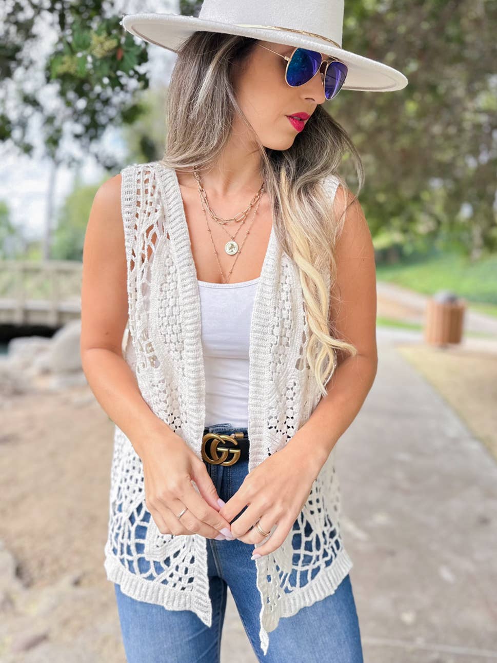 Unique Boho Floral Pattern Open Front Crochet Vest Top