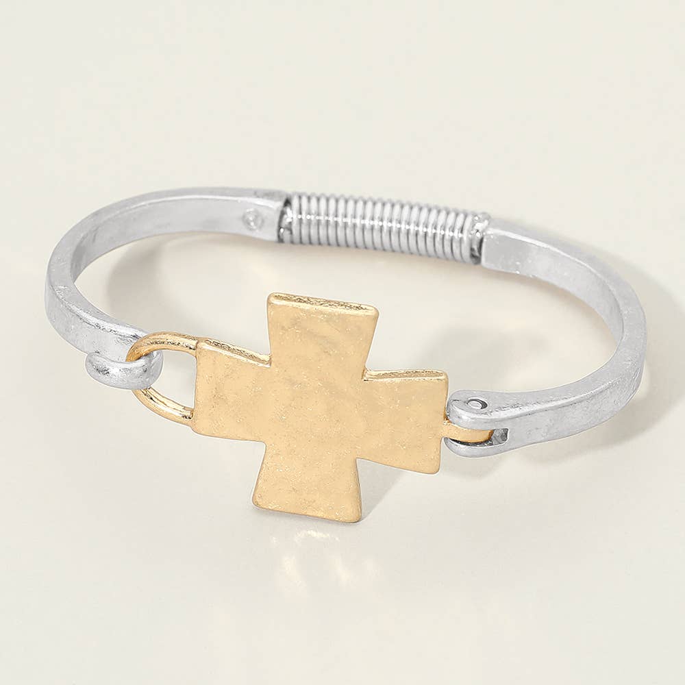 Hammered Metal Cross Accent Hinged Bangle Bracelet