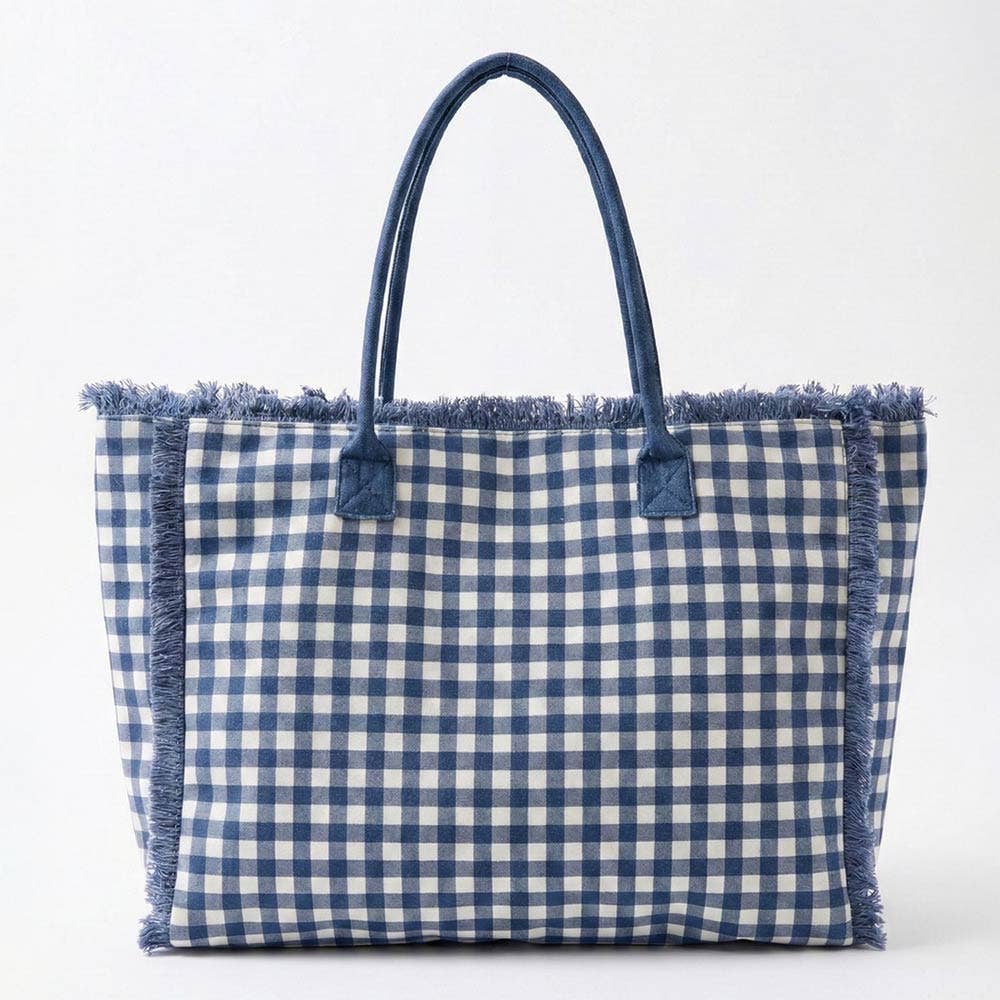 Gingham Check Terry Cloth Frayed Shoulder Tote Bag
