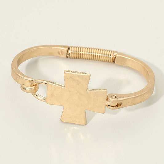 Hammered Metal Cross Accent Hinged Bangle Bracelet