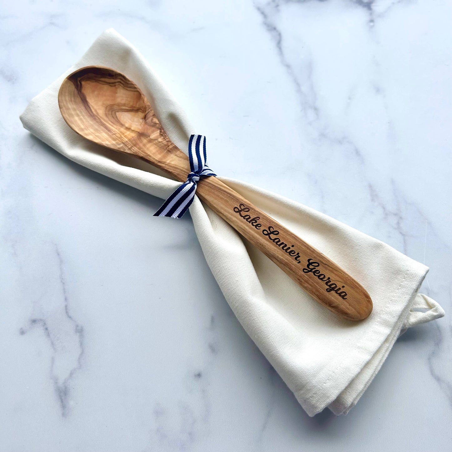 Custom City Name-"Godfrey, Illinois"- Olive Wood Serving Spoon & Towel Gift Set