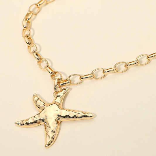 Hammered Metal Starfish Pendant Chunky Chain Necklace