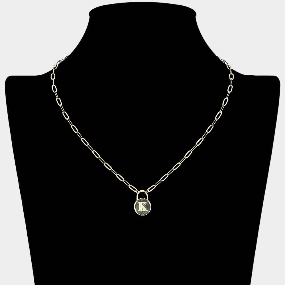 Brass Metal Initial Monogram Lock Pendant Necklace