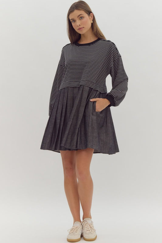 Entro Stripe Long Sleeve Twofer Solid Skirt Drop Shoulder Mini Dress