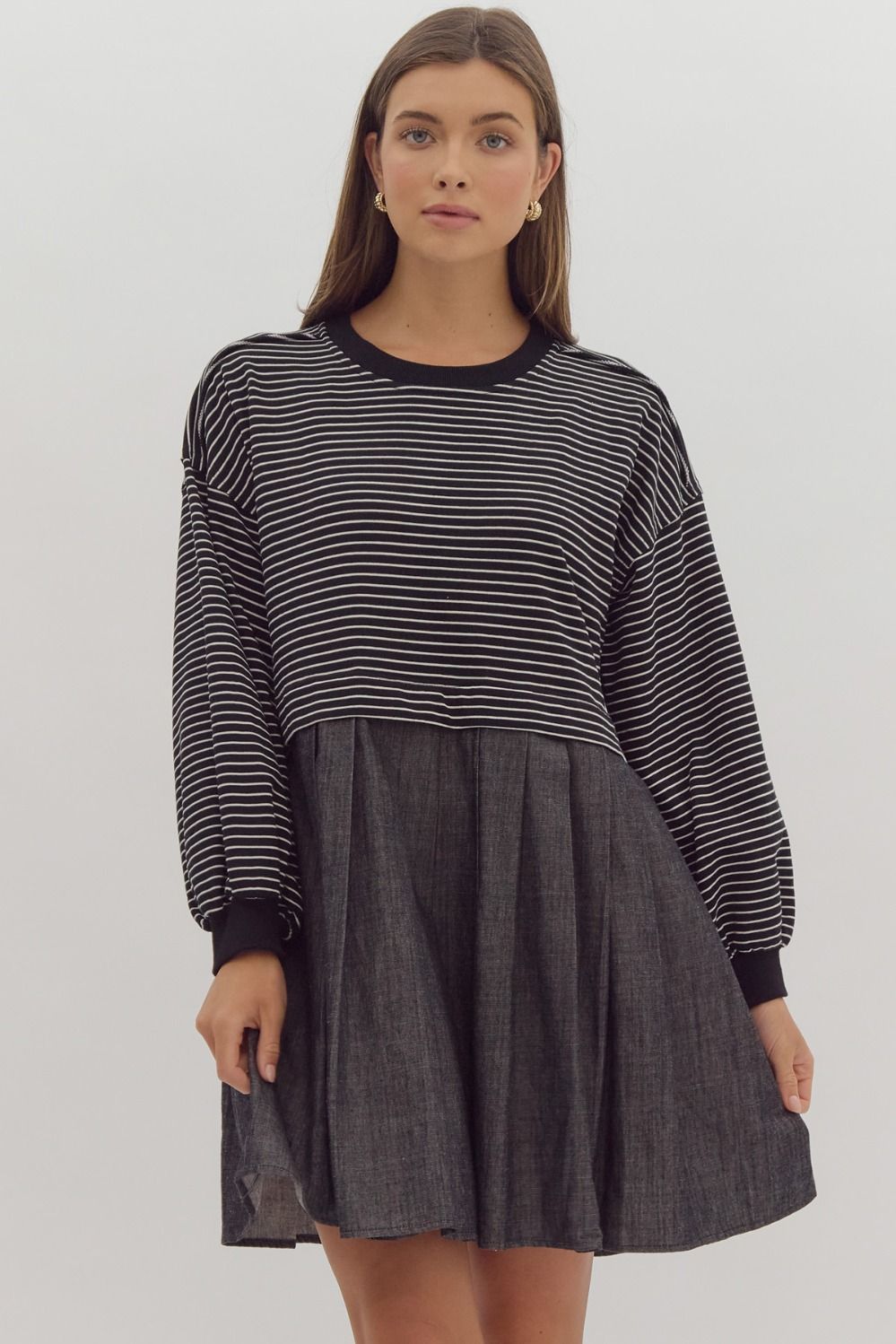 Entro Stripe Long Sleeve Twofer Solid Skirt Drop Shoulder Mini Dress