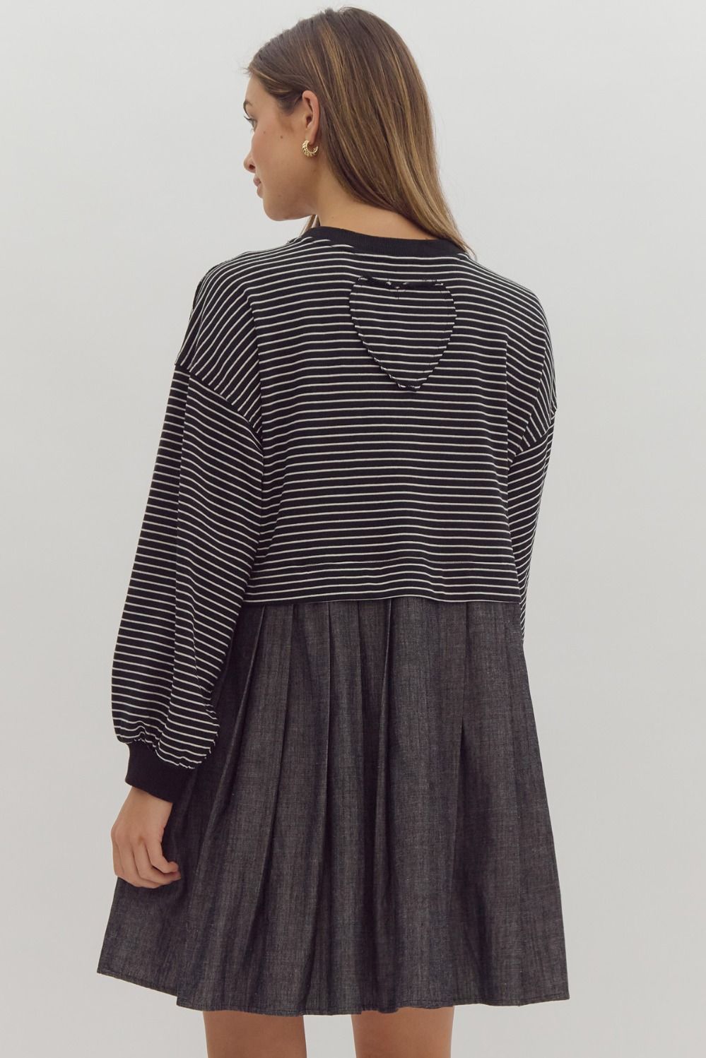 Entro Stripe Long Sleeve Twofer Solid Skirt Drop Shoulder Mini Dress
