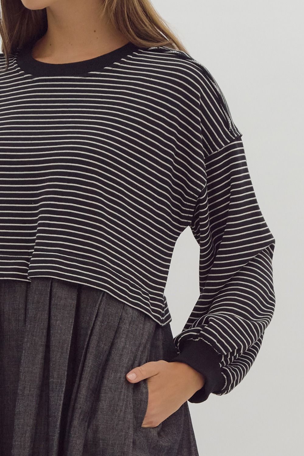 Entro Stripe Long Sleeve Twofer Solid Skirt Drop Shoulder Mini Dress