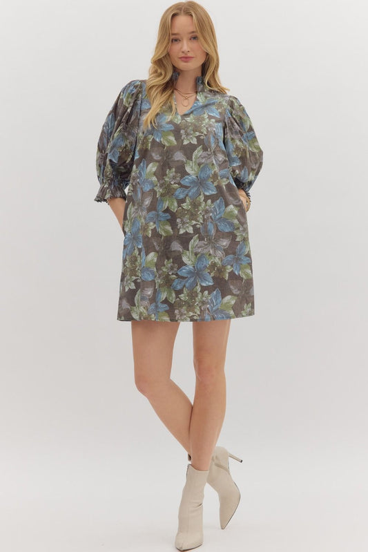 Entro Botanical Print Elbow-Length Puff Sleeve Mini Dress
