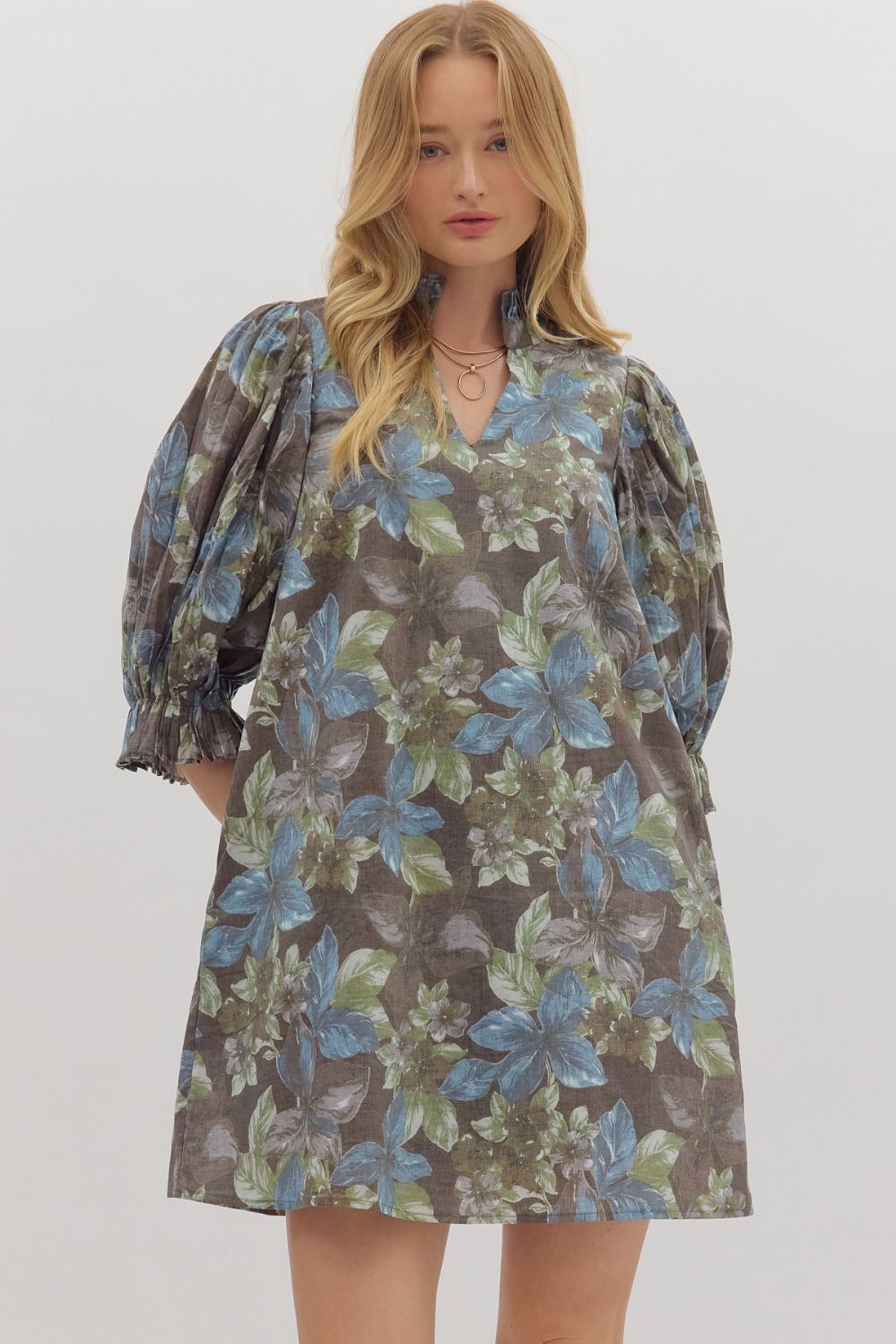 Entro Botanical Print Elbow-Length Puff Sleeve Mini Dress