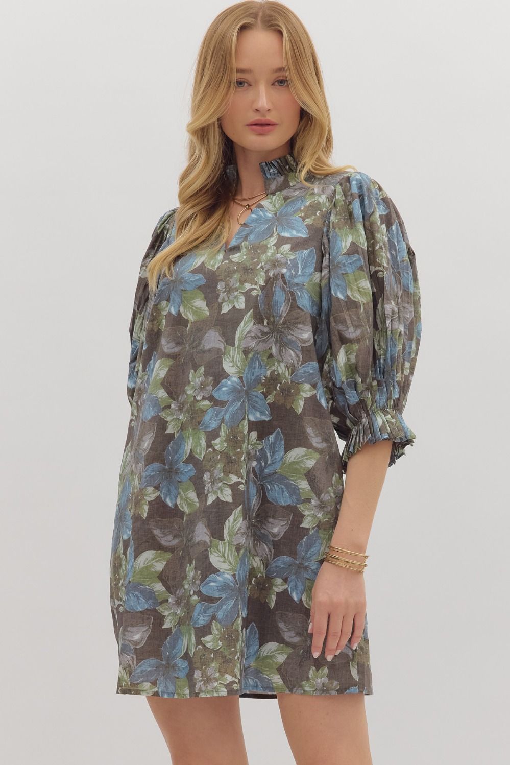 Entro Botanical Print Elbow-Length Puff Sleeve Mini Dress