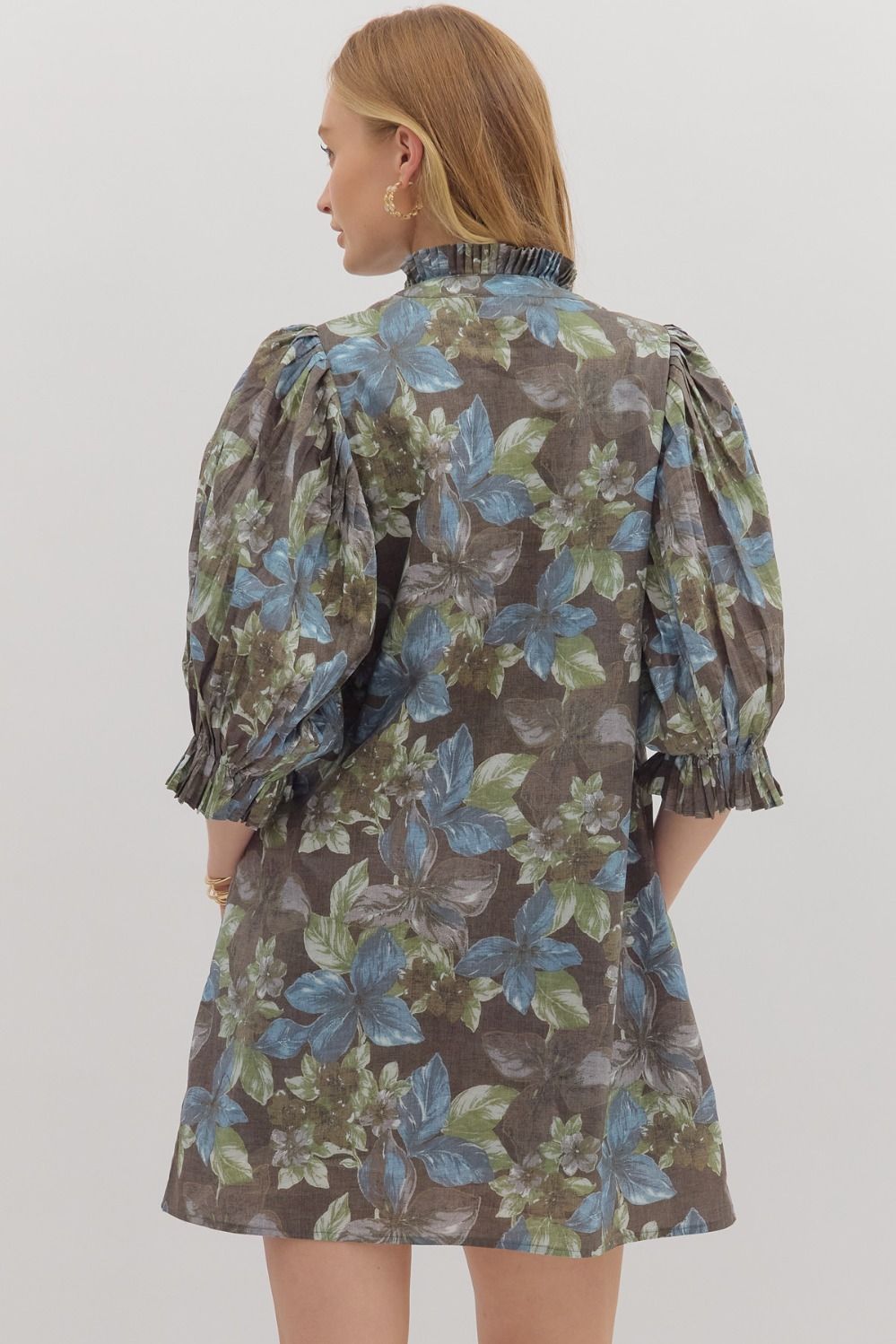 Entro Botanical Print Elbow-Length Puff Sleeve Mini Dress