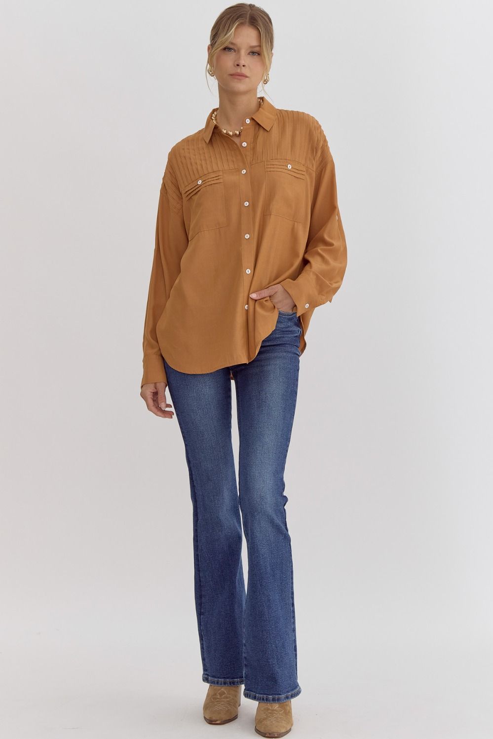 Entro Solid Button-Up Long Sleeve Top
