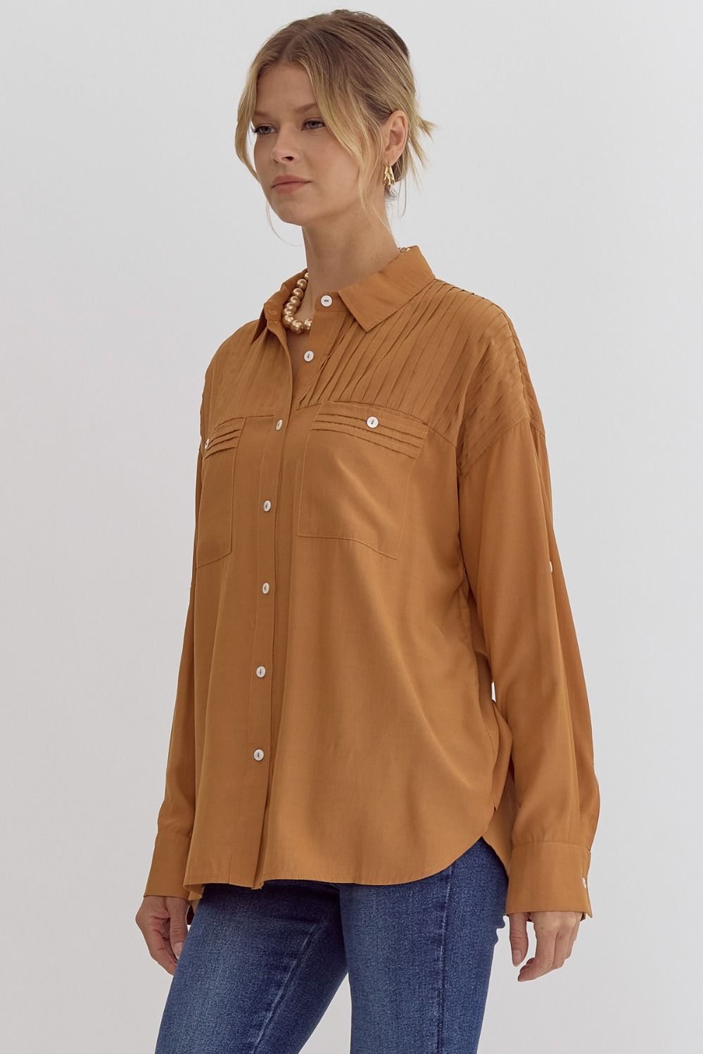 Entro Solid Button-Up Long Sleeve Top