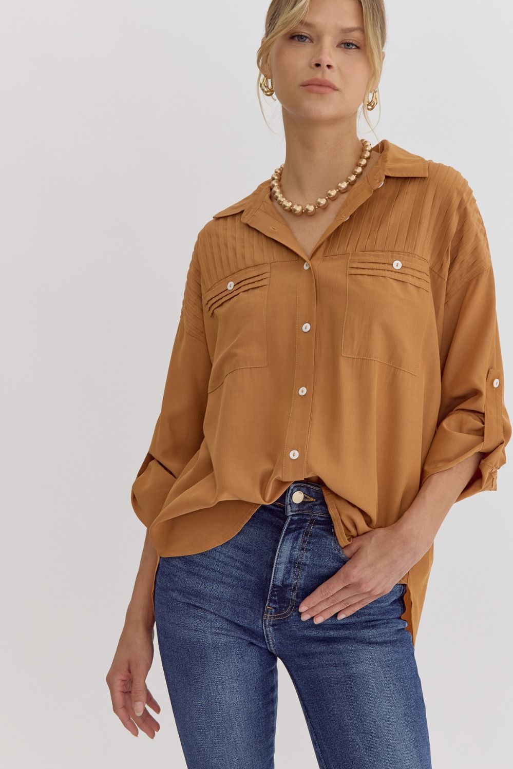 Entro Solid Button-Up Long Sleeve Top