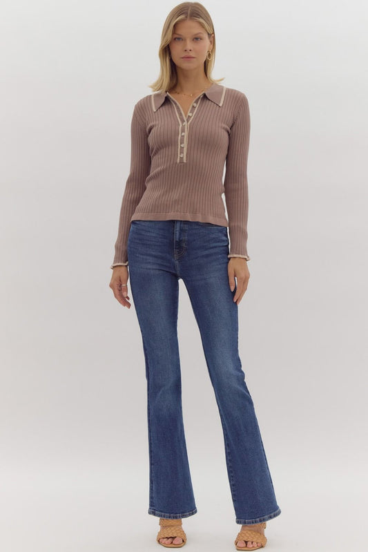 Entro Solid Ribbed Long Sleeve Collared Knit Top