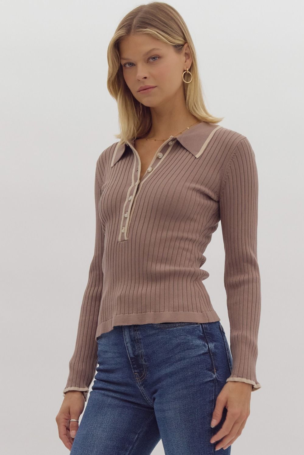 Entro Solid Ribbed Long Sleeve Collared Knit Top