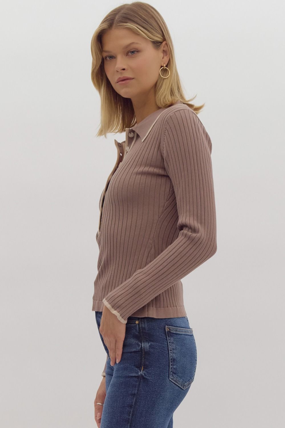 Entro Solid Ribbed Long Sleeve Collared Knit Top