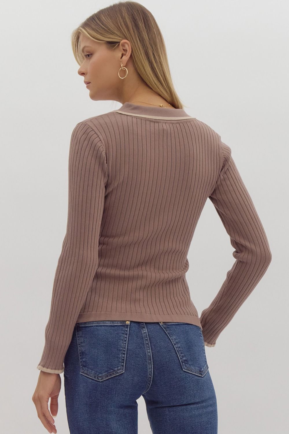 Entro Solid Ribbed Long Sleeve Collared Knit Top