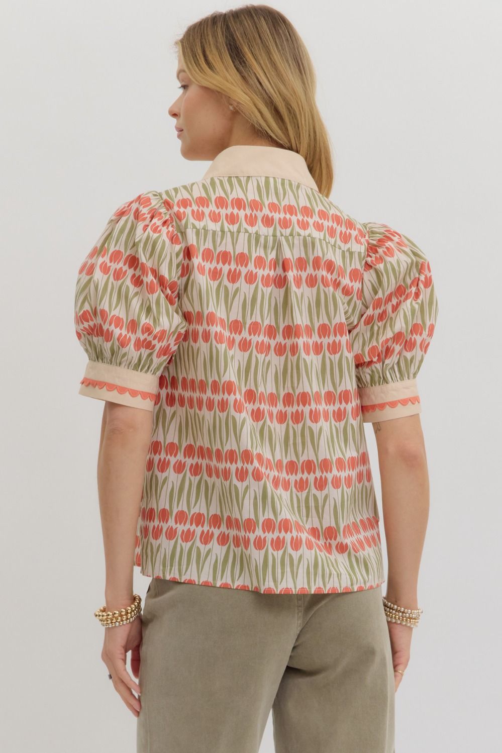 Entro Floral Pattern Cuff Band Short Puff Sleeve Caftan