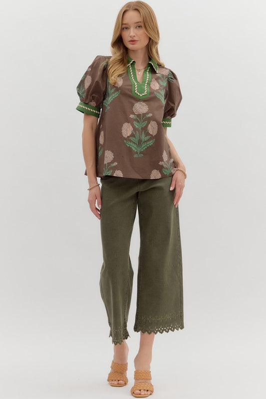 Entro Floral Print Short Bubble Sleeve Top