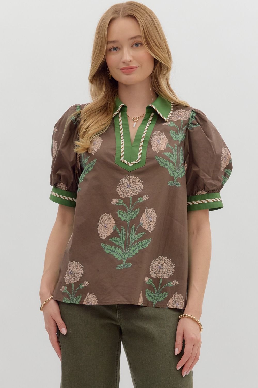 Entro Floral Print Short Bubble Sleeve Top
