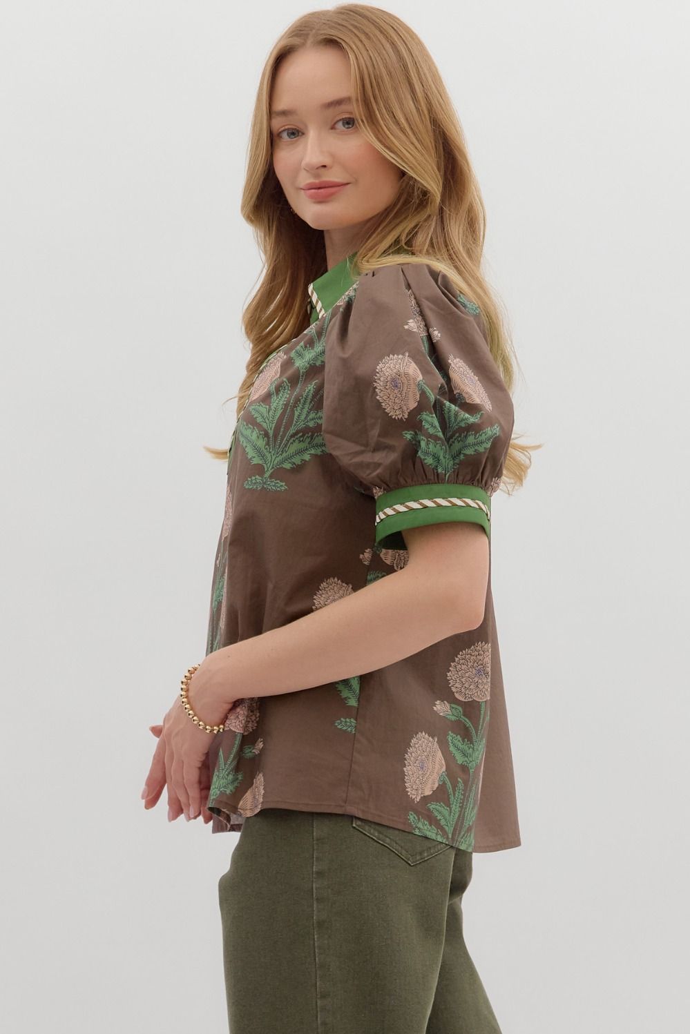 Entro Floral Print Short Bubble Sleeve Top