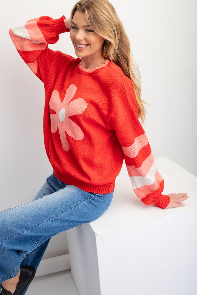 EASEL BOHO RED DAISY KNIT SWEATER PULLOVER