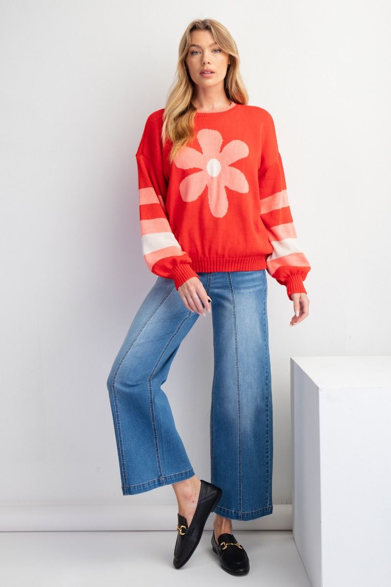 EASEL BOHO RED DAISY KNIT SWEATER PULLOVER