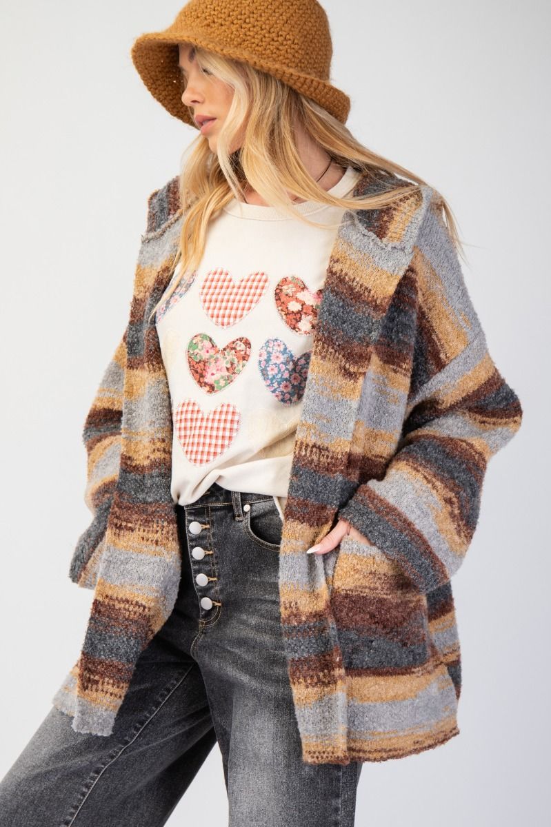 EASEL STRIPE PATTERN KNIT HOODIE CARDIGAN