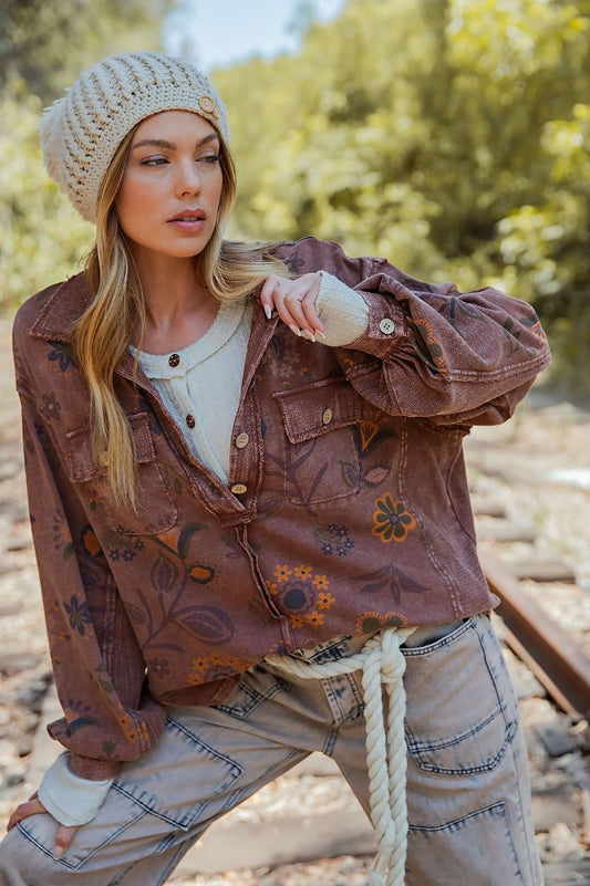 EASEL FLORAL PRINTED WASHED TERRY PULLOVER SHIRT