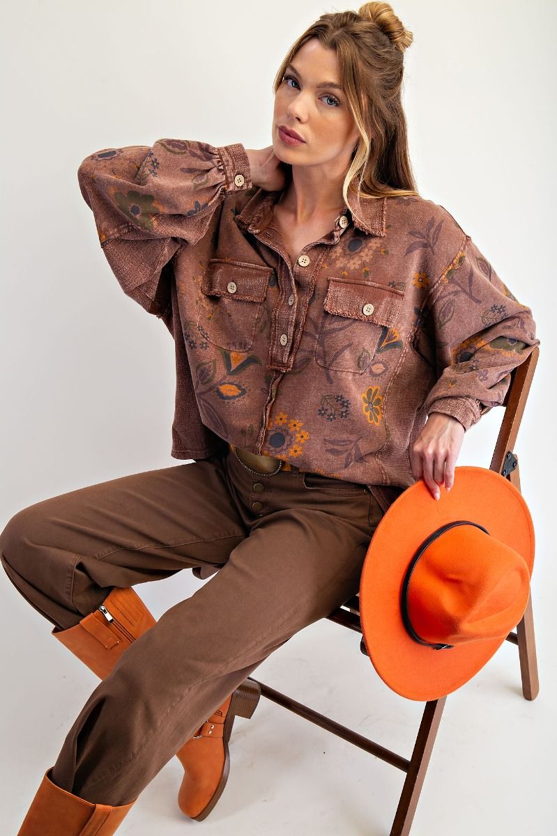 EASEL FLORAL PRINTED WASHED TERRY PULLOVER SHIRT