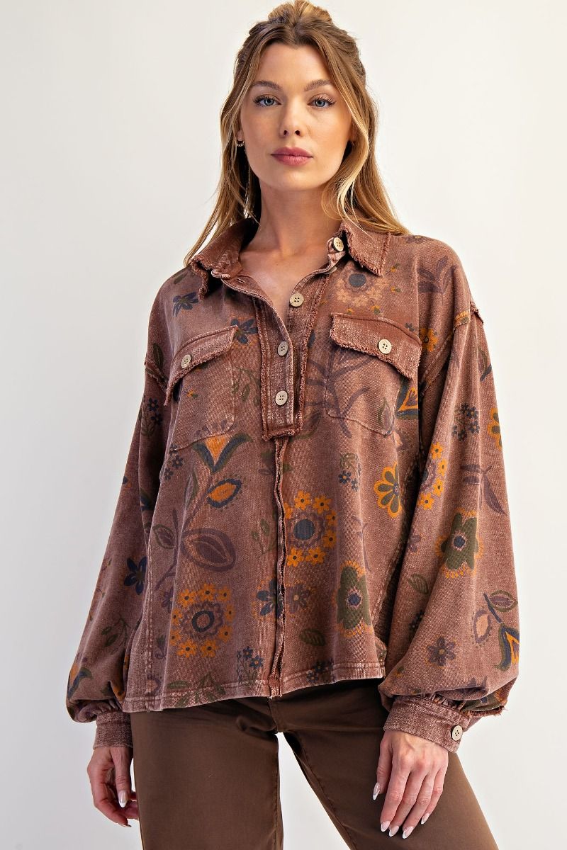 EASEL FLORAL PRINTED WASHED TERRY PULLOVER SHIRT