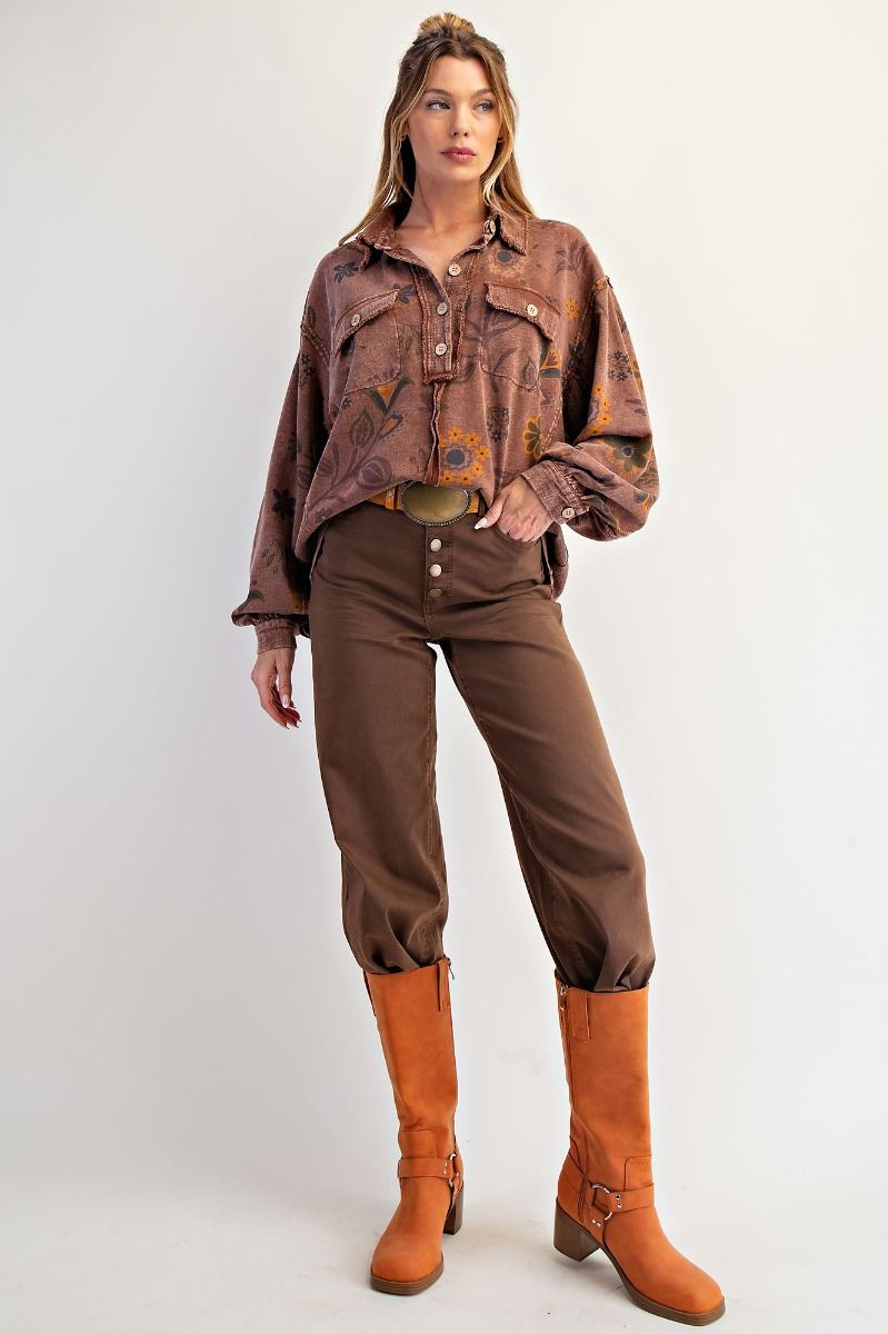 EASEL FLORAL PRINTED WASHED TERRY PULLOVER SHIRT