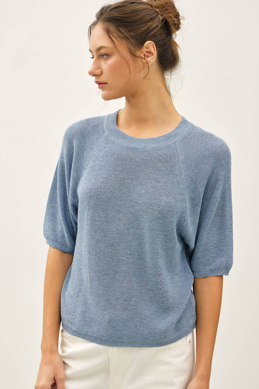 LIGHTWEIGHT RIBBED KNIT RAGLAN SHORT SLEEVE SWEATER TOP
