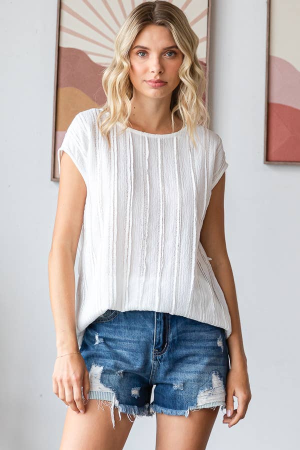 Lightweight Stripe Textured Cap Sleeves Blouse T5948