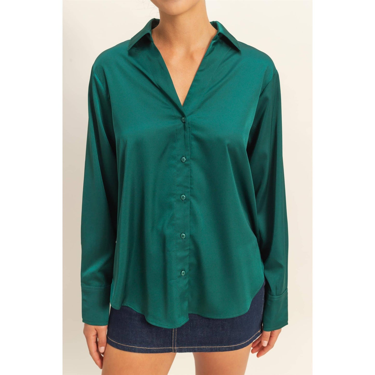 Button-Up Satin Shirt With Collared Neckline