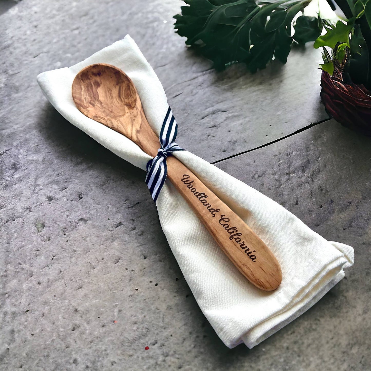 Custom City Name-"Godfrey, Illinois"- Olive Wood Serving Spoon & Towel Gift Set