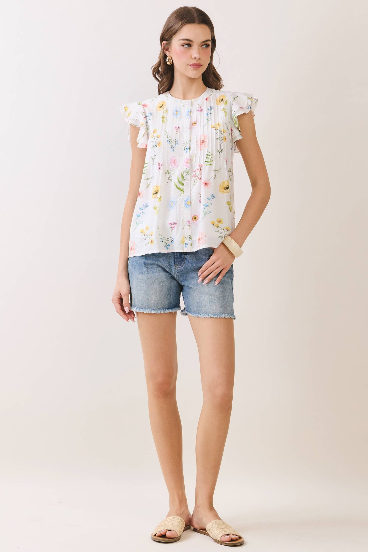 Off White Floral Pleated Detail Ruffle Sleeve Top
