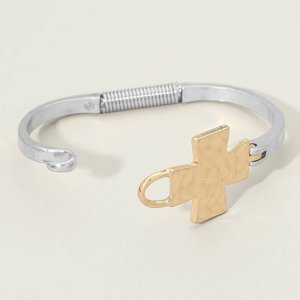 Hammered Metal Cross Accent Hinged Bangle Bracelet