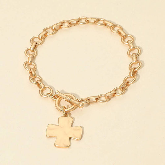 Matte Hammered Metal Cross Charm Toggle Chain Link Bracelet