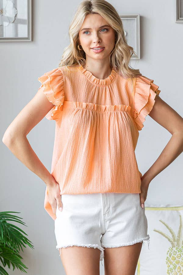 [PLUS SIZE] Crinkle Keyhole Ruffle Mock Neck Blouse T5519XL