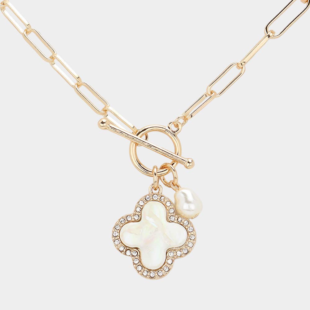 Mother Of Pearl Quatrefoil Pendant Chain Toggle Necklace