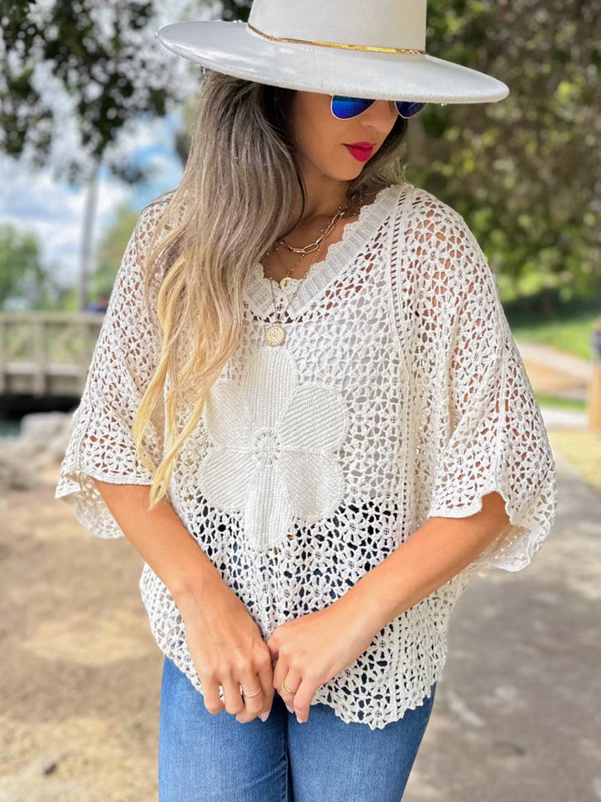 Boho Crochet Dolman Sleeve Top with Bold Flower Detail