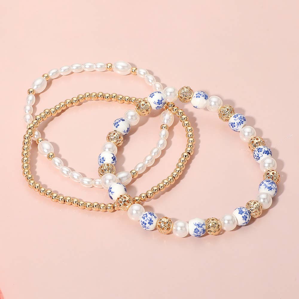 Pearl Ceramic Metal Ball Beaded Stretch Bracelets-3 PCS