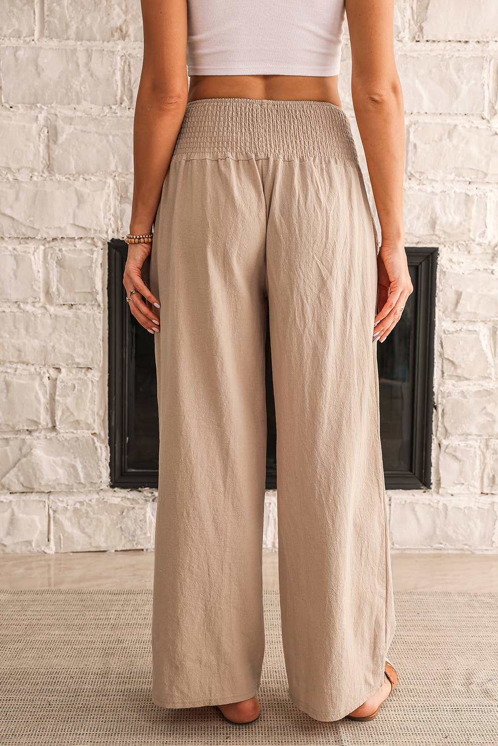 Smocked Wide Waistband High Waist Wide Leg Pants