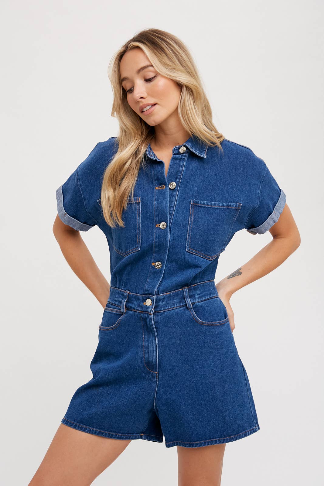 DENIM BUTTON DOWN SHIRT ROMPER