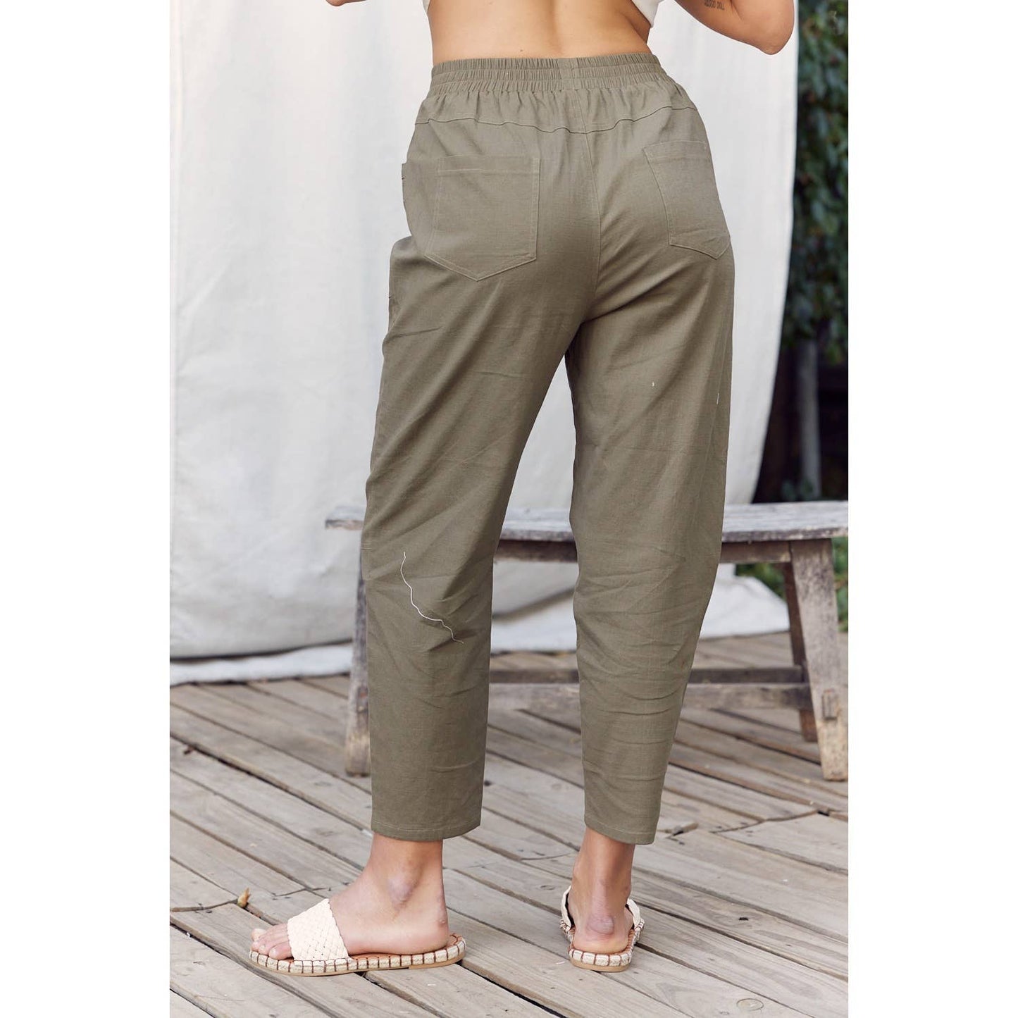 STRETCHED LINEN BLEND DEEP POCKETS CROPPED PANTS