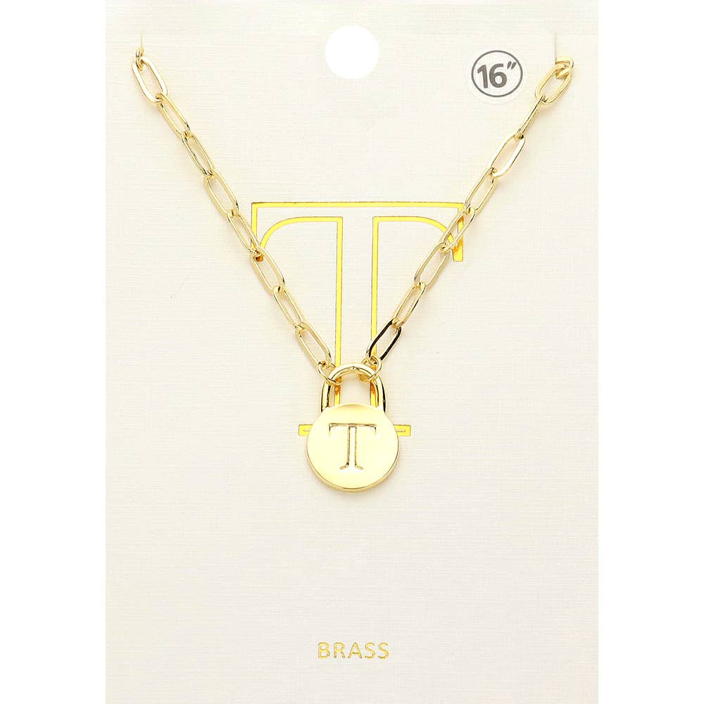 Brass Metal Initial Monogram Lock Pendant Necklace